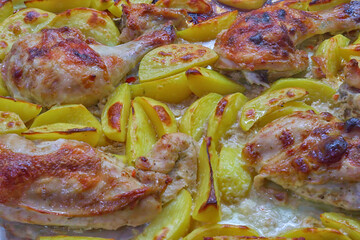 Chicken baked in the oven with potatoes on a baking sheet.