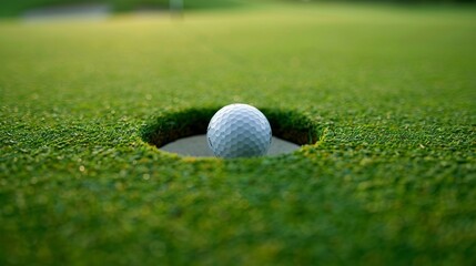 A white golf ball is sitting in a hole on a green grass field