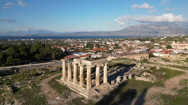 The Acrocorinth, translatable as "High Corinth", is the acropolis of ancient Corinth. It is located on a rocky outcrop overlooking the city of Corinth. drone aerial view historic ruines in Peloponese