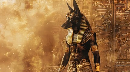 A man with a dog on his shoulder stands in front of a wall with hieroglyphics - 772359127