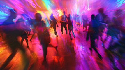 A high-energy and colorful dance party with people enjoying the rhythm of the music