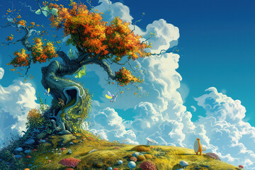 Cartoon art, bright landscape with trees and clouds - obrazy, fototapety, plakaty