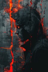 Ethereal Enigma: Conceptual digital artwork. Dark figure emerges, ethereal face through cracks in ominous walls, red light bathes the scene in intrigue.