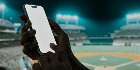 A hand holds a smartphone with a blank screen at a baseball stadium