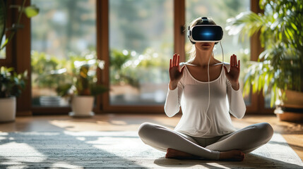 woman doing yoga with VR headset