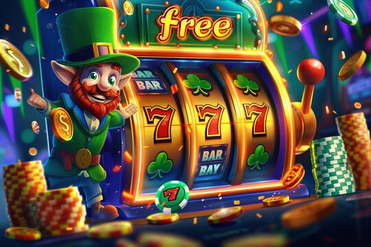 Strike it lucky with the Lucky Leprechaun! In this eye-catching 3D game poster, a mischievous leprechaun winks beside a "FREE PLAY" slot machine spewing golden coins.Bright colors and cartoonish charm