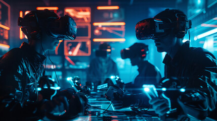 A high-tech virtual reality gaming setup with players fully immersed in a futuristic game world - Powered by Adobe