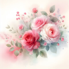 Beautiful watercolor roses on blue sky background. Vector illustration generated by ai