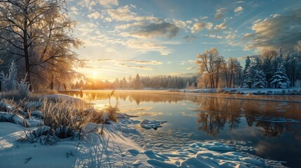A calm river surrounded by snow-covered banks and trees The sky is blue