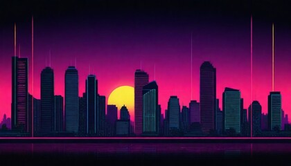 A retro sunset cityscape with silhouettes of build (1)