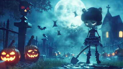 A creepy little girl with a shovel, a full moon, a graveyard, and flying bats