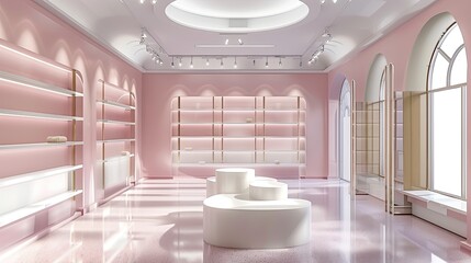 Fototapeta na wymiar Elegant Pink Boutique Interior with Golden Accents and Modern Shelving Units