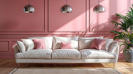 Chic Living Room with Plush White Sofa and Pink Accents in Modern Home