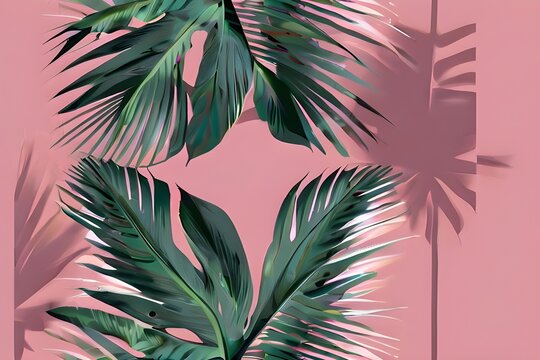Roll of pink wallpaper with palm tropical leaves. Generative AI