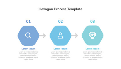 Hexagon process infographic template design with 3 steps and icons - obrazy, fototapety, plakaty