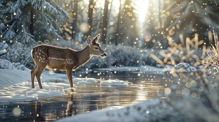 A deer stands on the edge of a frozen river, snow falling around it - obrazy, fototapety, plakaty