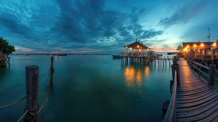 A dock stretches out into the ocean, with a small building at the end. The sky is blue with some clouds
