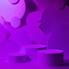 Abstract scene for presentation cosmetic products mockup - three round cylinder podiums in gradient purple violet glowing light, circles as geometric decor. Template for showing in neon hipster style. - 772362149