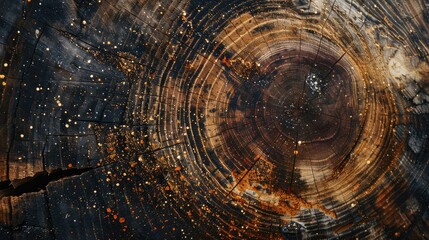 Dark wooden surface with a cosmic whirl pattern, embodying the essence of celestial motion and natural textures, Concept of art and astronomy - obrazy, fototapety, plakaty