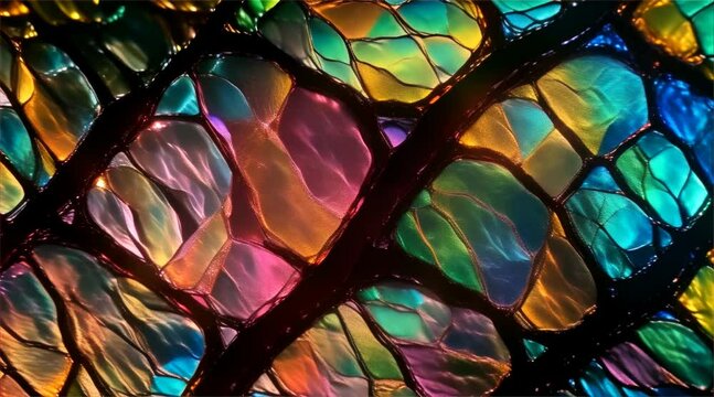 Macro photography of a soap bubble-like surface with a mesmerizing mosaic of iridescent colors and patterns.
