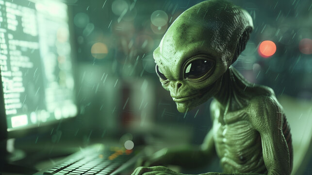 Suspicious looking green alien working on a computer in bad weather.