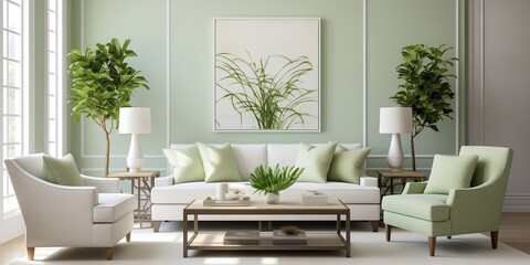 Serene green hues paired with bright white elements, bringing a sense of tranquility and freshness to a modern Transitional living room.