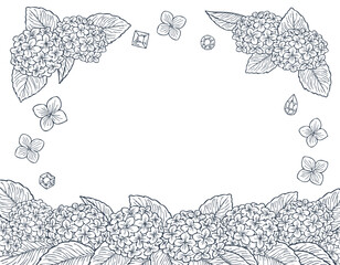 紫陽花と宝石の白塗り線画フレームイラストセット