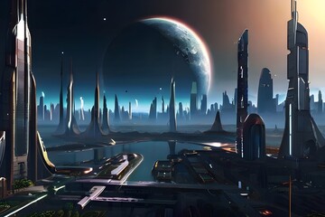 a cool videogame inspired scifi city in front of a big planet, wallpaper style, Generative AI - Powered by Adobe