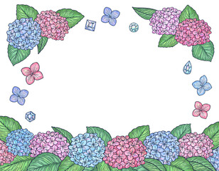 紫陽花と宝石の水彩風線ありフレームイラストセット