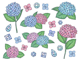 紫陽花と宝石の水彩風線ありイラストセット