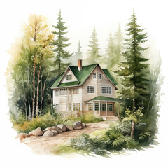 A watercolor of a house in forest