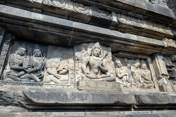 Prambanan stone relief carving detail, Prambanan temple, a 9th-century Hindu temple compound and a...