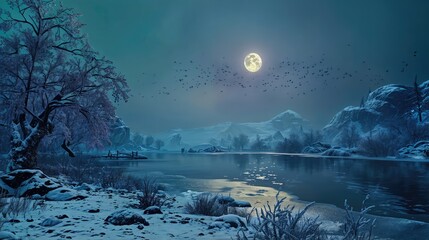 A frozen lake at night with a full moon shining down and birds flying in the sky