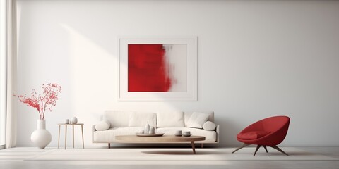Serene simplicity enhanced by pops of ruby red against a backdrop of crisp white walls in a minimalist interior. - obrazy, fototapety, plakaty