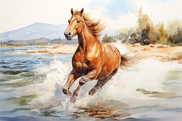 Chestnut horse galloping on shore watercolor style