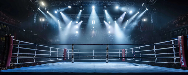 A spotlight on the empty boxing ring the heart of the arena where sweat and dreams mingle in anticipation - obrazy, fototapety, plakaty