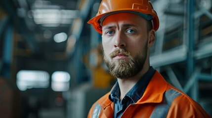 Confident engineer beard framing his thoughtful gaze stands in a factory uniform symbolizing expertise - obrazy, fototapety, plakaty