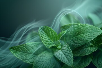 Set of modern elements for fresh air flow. Abstract light effect blowing from an air conditioner, purifier, or humidifier. Dynamic blurred wave motion with mint leaves, concept of freshness. - obrazy, fototapety, plakaty