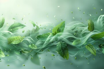 Set of modern elements representing fresh air. Abstract light effect blowing from an air conditioner, purifier or humidifier. Dynamic blurred wave motion with mint leaves. - obrazy, fototapety, plakaty