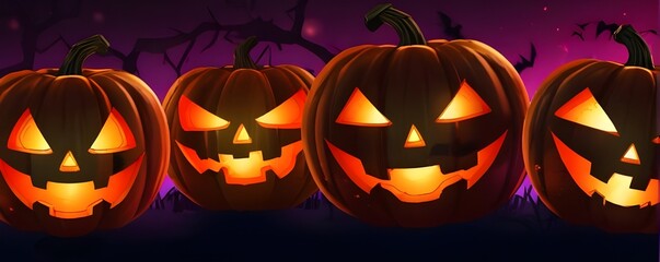 Illustration of glowing carved pumpkins with different evil faces in the dark at Halloween night. Generative AI