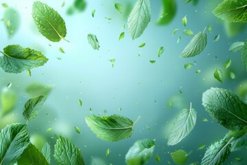 This is a light fresh effect on a blue background, giving menthol aroma to fresheners and cleansers. The air is flowing from mint leaves. A modern illustration. - obrazy, fototapety, plakaty