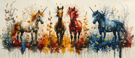 Various abstracts, watercolor, paint, paintings, sanlian, leaves, gold elements, animals, plants, flowers, horses, geometry, feathers, 3D.............