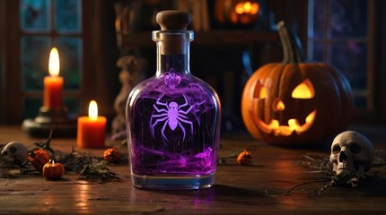 Enchanted Halloween potion bottle glowing with a purple light. Pumpkin and candles create a spooky ambience. Concept of witchcraft, Halloween celebration, and mystical decorations. Digital art