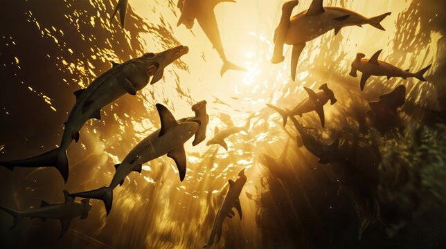A group of sharks swimming in an ocean, with sun rays shining through the water
