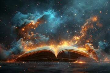 In a futuristic style, this digital book symbolizes knowledge and wisdom. Online learning concept. Modern illustration of a magic book.