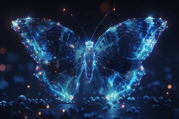 In a futuristic polygonal style, the butterfly represents the metamorphosis of binary code into a live organism. Transforming binary code into a butterfly symbolizes the renewal and transformation of - obrazy, fototapety, plakaty