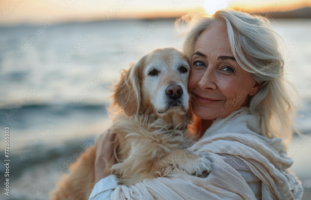 Wall mural an elderly beautiful smiling woman with her dog on the summer background. the concept of love betwee