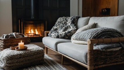A cozy living room with a couch, a fireplace, a coffee table with a candle, and throw blankets stacked on the couch.Luxury Scandinavian living room