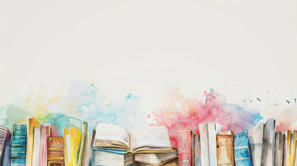watercolor books background with copy space in the center