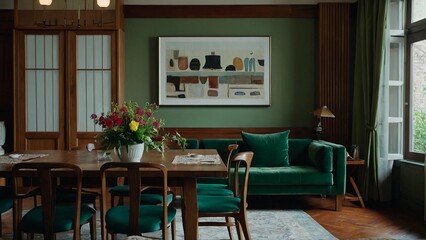 interior of a cafe,A wooden dining table with green velvet chairs around it. A couch sits against a green wall. A painting hangs above the couch. A wooden dining table with green velvet chairs around 
